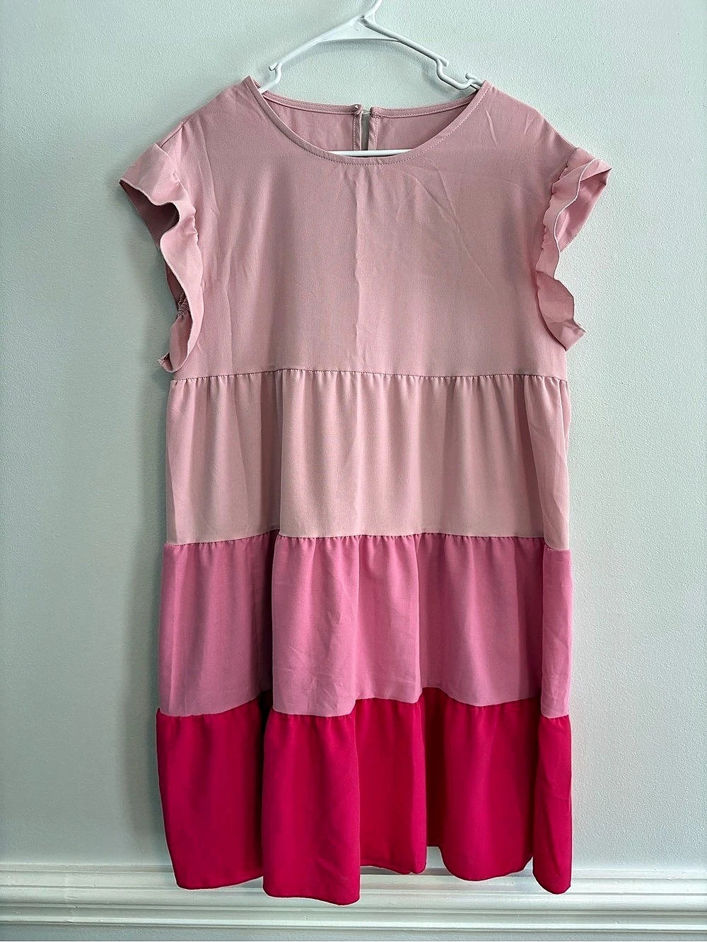 Feminine barbiecore Pink Color Block Tiered Ruffle Sleeve Dress SHEIN XL